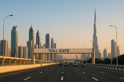 Modern Dubai toll road with city skyline