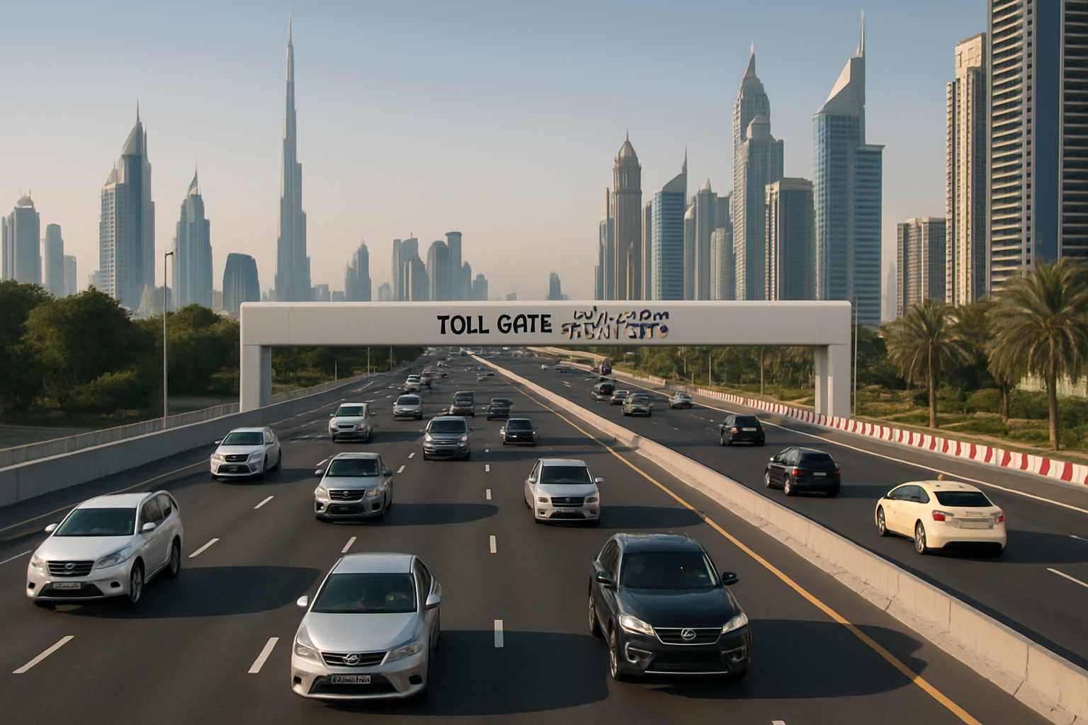 Smooth-flowing traffic on a paid road in Dubai